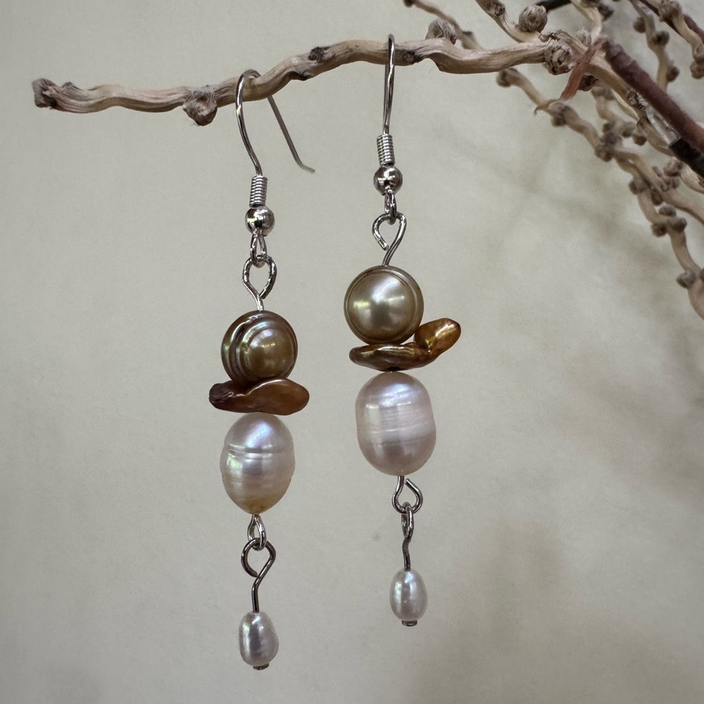 Handmade Freshwater Mixed Pearl Dangle Earrings -White & Gold Tones- Silver Hook